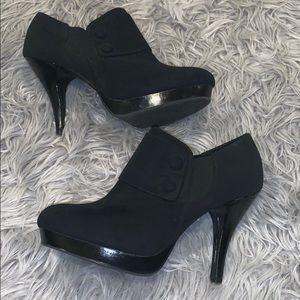 Black suede ankle bootie heels
